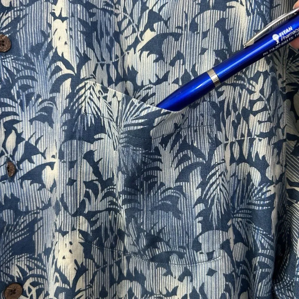 Tommy Bahama Mens 100% Linen Shirt Hawaiian Blue Short Sleeve Size XLX Button Up